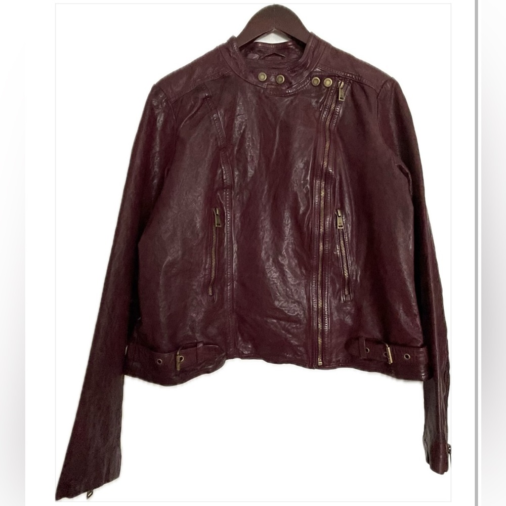New Lauren Ralph Lauren Wine-Red Color Leather Moto Cafe  Racer Jacket Women’s - Picture 6 of 16